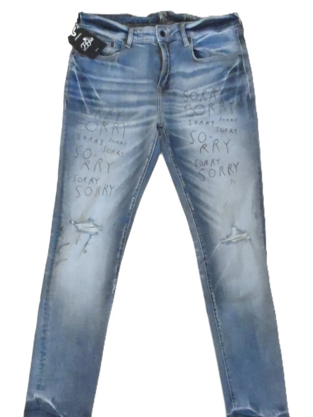 New PRPS WINDSOR Tapered Skinny Stretch Jeans "Sorry" Graffiti Size 36 (33.5"L)